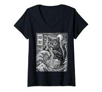 Donna Ramen Cat Wave Ukiyo-e Japan Noodles, Arte culinaria degli Anime Maglietta con Collo a V