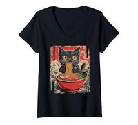 Donna Ramen Gatto Kawaii Cartoon RAMEN Anime Giapponese Amante Maglietta con Collo a V