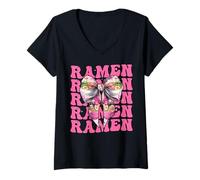 Donna Ramen Giapponese Noodles Pranzo Istantaneo Ragazza Coquette Bow Maglietta con Collo a V