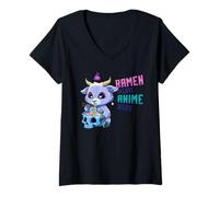 Donna Ramen Kawaii Baphomet: Tagliatelle con Teschi in Stile Anime Maglietta con Collo a V