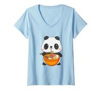 Donna Ramen Kawaii Panda Cibo Giapponese Anime Ramen Noodles Maglietta con Collo a V, Celeste, M