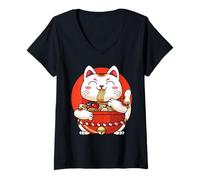 Donna Ramen Maneki Neko Gatto Maglietta con Collo a V