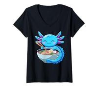 Donna Ramen Noodle Japanese Anime Manga Kawaii Turtles Axolotl Maglietta con Collo a V