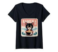 Donna Ramen Noodle Japanese Anime Manga Ramen Kawaii Cat Maglietta con Collo a V