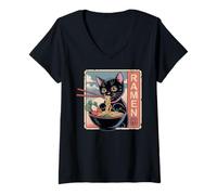 Donna Ramen Noodle Japanese Anime Manga Ramen Kawaii Cat Maglietta con Collo a V