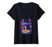 Donna Ramen Tagliatelle Gatto Giappone Kawaii Retro Gatti Manga Anime Maglietta con Collo a V