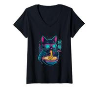 Donna Ramen Tagliatelle Gatto Giappone Kawaii Retro Gatti Manga Anime Maglietta con Collo a V