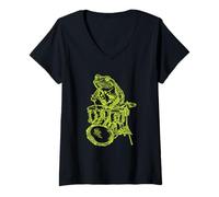 Donna Rana Che Suona la Batteria Divertente Rettile Batterista Cool Rock Musicista Maglietta con Collo a V