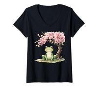 Donna Rana Fiori Di Ciliegio Albero Rosa Floreale Primavera Rana Estetica Maglietta con Collo a V