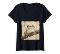 Donna Rana giapponese Ukiyo-e Sumi-e Art Giappone Vintage Retro Maglietta con Collo a V