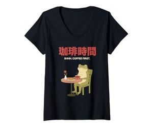 Donna Rana Retro Cafe Estetica Giapponese Coffee Time Maglietta con Collo a V