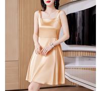 Donna Raso Abito Finta Seta Basic Quadrato Colletto Cinturini a-Line Prendisole