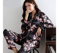Donna Raso di Seta Pigiama Set,Pigiama in Raso di Seta per Donna Set Pigiama Pigiama con Bottoni per Donna Pigiama Autunno Inverno Mujer Pijama Pigiama da Notte Pizama Damska 2 Pezzi Nero,L