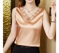 Donna Raso Perline Canotta Seta V collo senza Maniche Maglia Top Camicetta