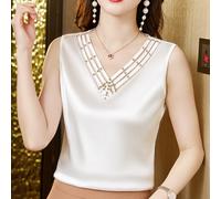 Donna Raso Perline Canotta Seta V collo senza Maniche Maglia Top Camicetta