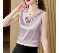 Donna Raso Perline Canotta Seta V collo senza Maniche Maglia Top Camicetta