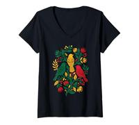 Donna Rasta Reggae Roots Three Birds Jamaica Folk Art Floral Maglietta con Collo a V