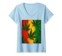 Donna Rastafari Weed Leaf Pattern Reggae Rosso Giallo Verde Vibes Maglietta con Collo a V