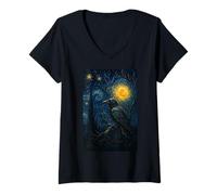 Donna Raven Under Starry Night Moon Fantasy Art Scene Maglietta con Collo a V