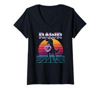 Donna Rawr T-Rex Dinosauro Synthwave Anni '80 Retro Cuore Valentine Maglietta con Collo a V