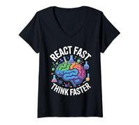 Donna React Fast Think più Veloce Science Brain Design Maglietta con Collo a V