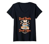 Donna Read Books And Drink Coffee Cozy Book Lover Maglietta con Collo a V