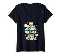 Donna Read Books Be Kind Stay Weird Cute Retro Maglietta con Collo a V