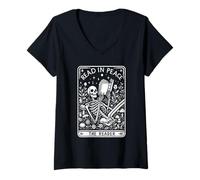 Donna Read in Peace The Reader Skeleton Art Maglietta con Collo a V