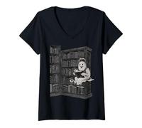 Donna Reading Ghost - Spooky Library Halloween Tee Maglietta con Collo a V