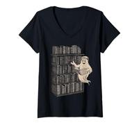Donna Reading Ghost - Spooky Library Halloween Tee Maglietta con Collo a V