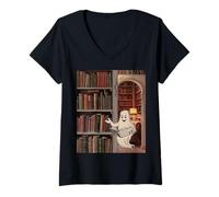 Donna Reading Ghost - Spooky Library Halloween Tee Maglietta con Collo a V