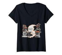 Donna Reading Ghost - Spooky Library Halloween Tee Maglietta con Collo a V