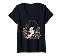 Donna Reading Ghost - Spooky Library Halloween Tee Maglietta con Collo a V