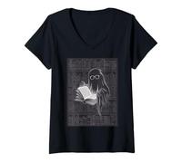 Donna Reading Ghost - Spooky Library Halloween Tee Maglietta con Collo a V