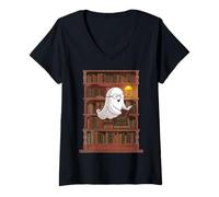 Donna Reading Ghost - Spooky Library Halloween Tee Maglietta con Collo a V