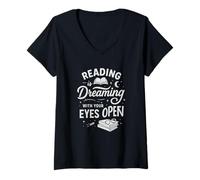 Donna Reading Is Dreaming with Your Eyes Open Book Lover Maglietta con Collo a V