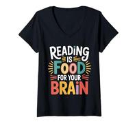 Donna Reading Is Food for Your Brain Reader Hobby Librarian |- Maglietta con Collo a V