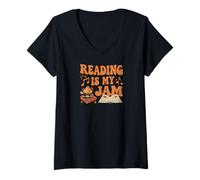 Donna Reading Is My Jam Book Lover Groovy Music Notes Retro Maglietta con Collo a V