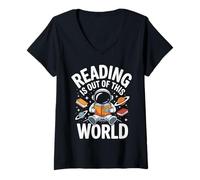Donna Reading Is Out of This World - Astronaut Book Humor Maglietta con Collo a V