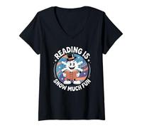 Donna Reading Is Snow Much Fun Cappello a Cilindro con Fiocco di Neve Maglietta con Collo a V