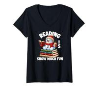 Donna Reading is Snow Much Fun Christmas Bookworm Snowman Reading Maglietta con Collo a V