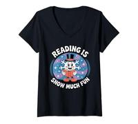 Donna Reading Is Snow Much Fun Snowflake Book Lovers Tema Invernale Maglietta con Collo a V