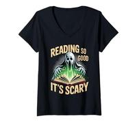 Donna Reading So Good It's Scary Spooky Bookworm Reader - Maglietta con Collo a V