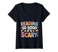 Donna Reading So Good It's Scary Spooky Bookworm Reader |- Maglietta con Collo a V