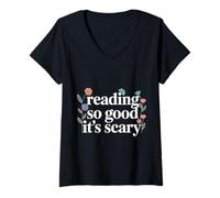 Donna Reading So Good It's Scary Spooky Bookworm Reader |- Maglietta con Collo a V