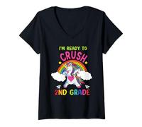 Donna Ready To Crush 2nd Grade Dabbing Unicorn Back To School Maglietta con Collo a V