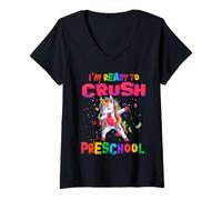 Donna Ready To Crush Preschool Dabbing Unicorn Back to School Maglietta con Collo a V