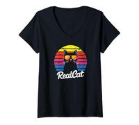 Donna Real Cat Cool Occhiali da Sole - Retro Sunset Vibe Maglietta con Collo a V