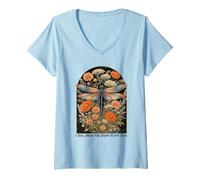 Donna Realizzato per Happy Sunny Days Dragonfly Floral Art Maglietta con Collo a V