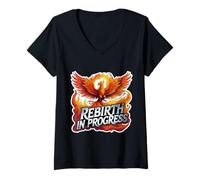 Donna Rebirth In Progress Phoenix Rising From Ashes Ritorno Pulito Maglietta con Collo a V
